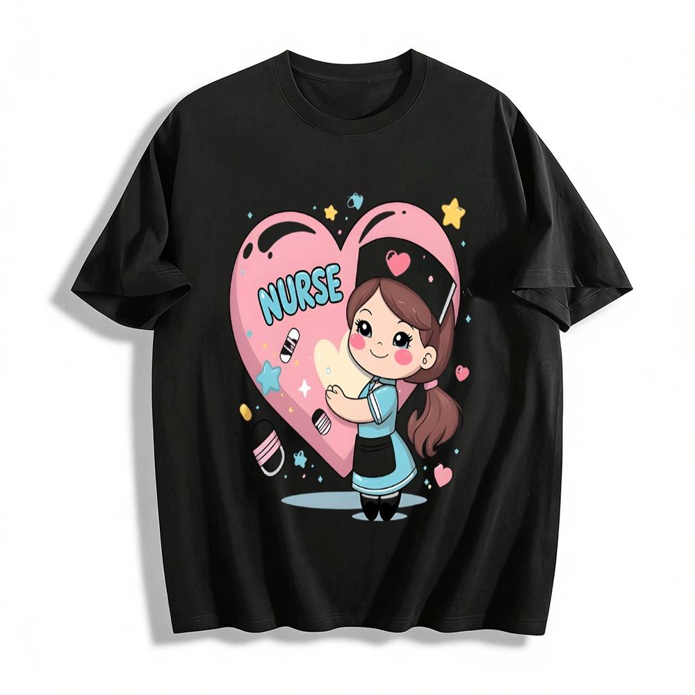 Cute Nurse Heart Print Top Adorable Medical Themed Casual Shirt Pure cotton T-shirt XXS