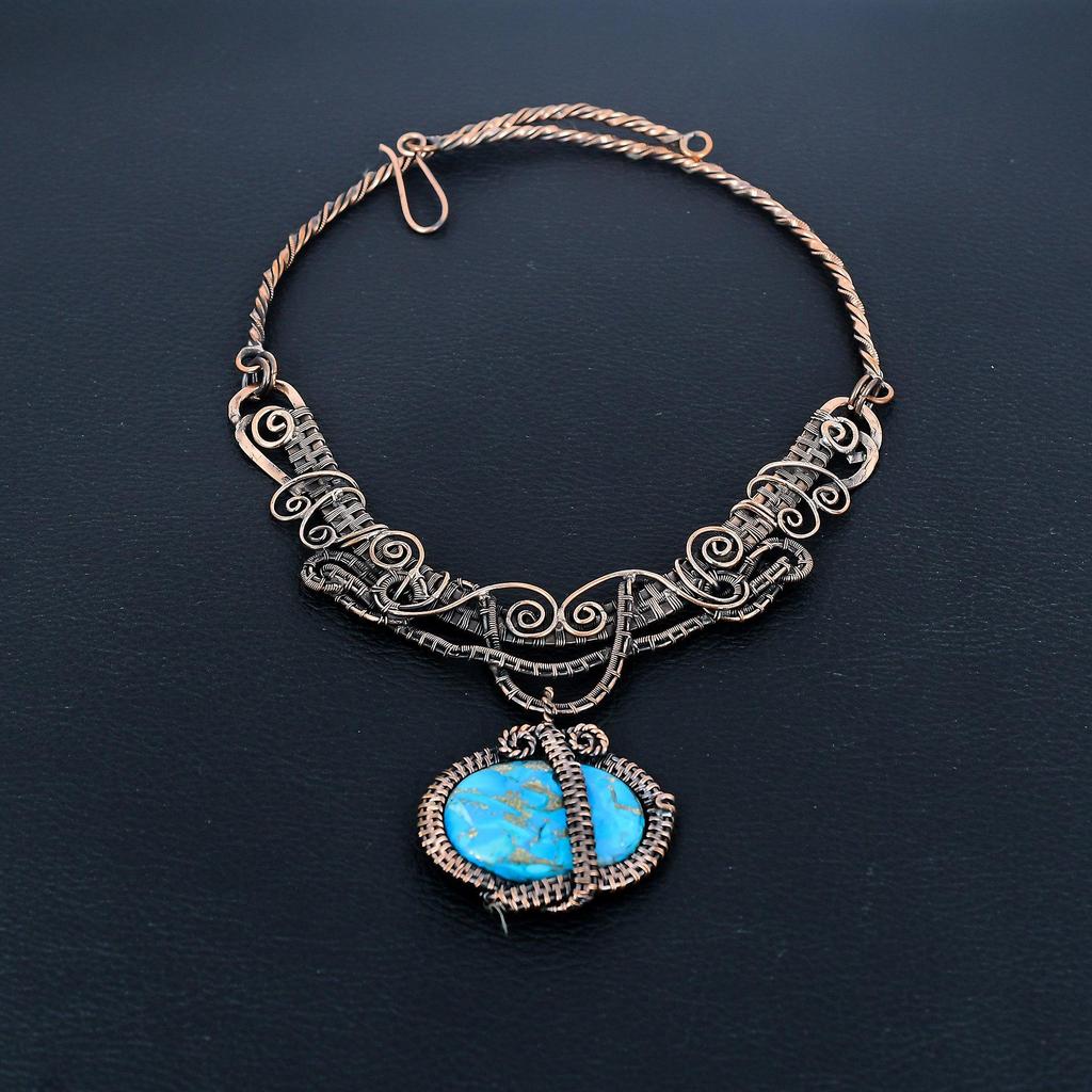 Blue Copper Turquoise Handmade Gemstone Necklace, 999 Copper Wire Wrapped Necklace Antique Jewelry, For Engagement Gift
