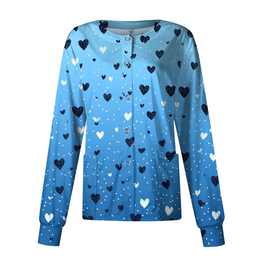 Women's Casual Fashion Long Sleeve Standing Collar Single Breasted Valentine's Day Print Workwear Jacket Tops