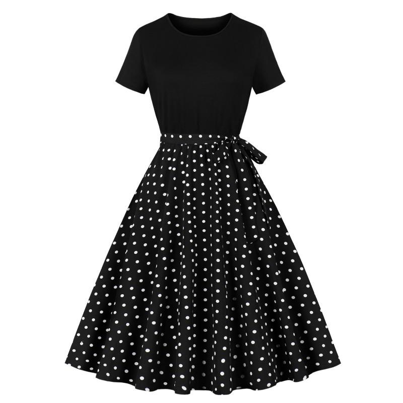 Summer New Retro Women's Crew Neck Short Sleeve Black Patchwork Printing Pendulum Dress