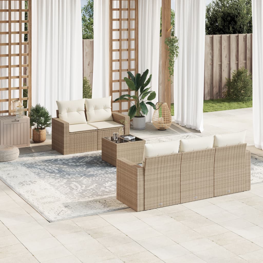 6 Piece Garden Sofa Set with Cushions Beige Poly Rattan