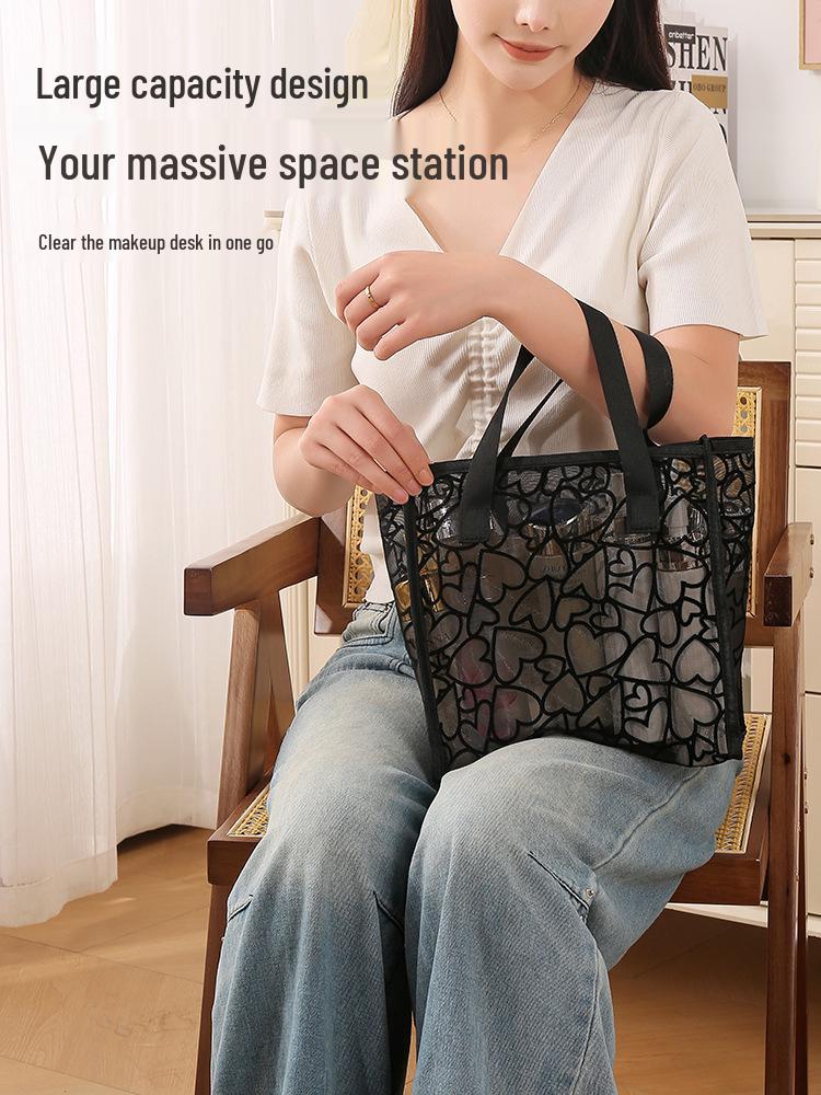Mesh Flocked Heart Tote: Large, Washable, Transparent Handheld Makeup & Storage Bag