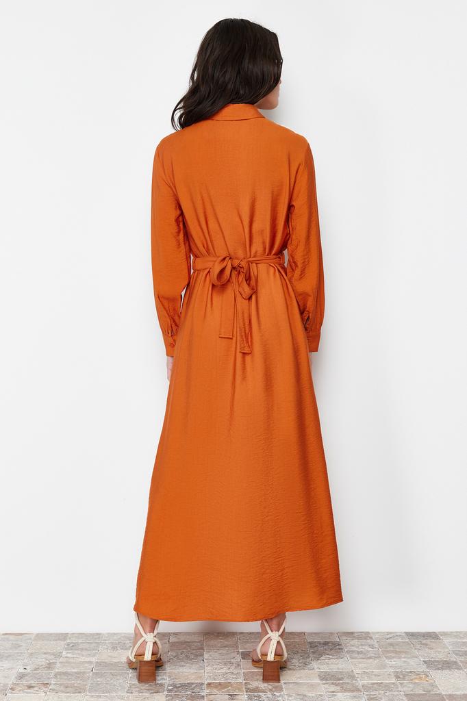 Women's Fashion New Hijab Dress Cinnamon Waist Elastic Belted Pocket Detailed Woven Dress