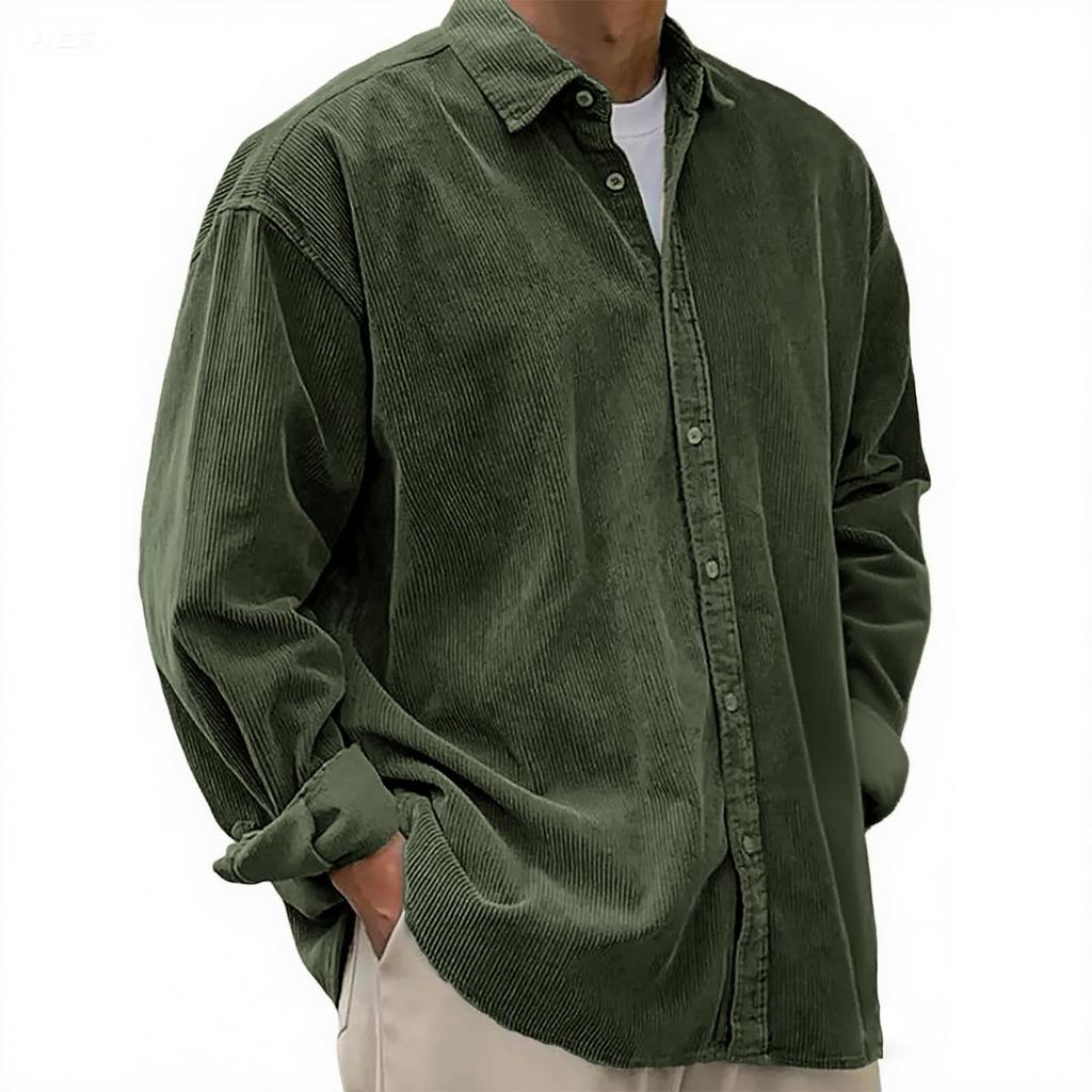 Men's Casual -color Corduroy Button Shirt, Men's Long-sleeved Trendy Loose Square-neck Thick Shirt