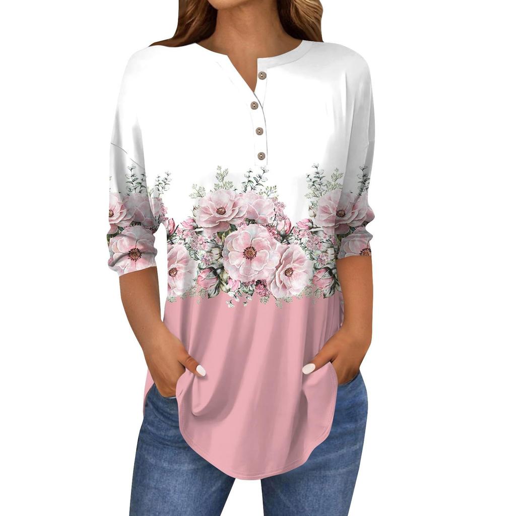 Womens 3/4 Length Sleeve Spring Summer Tops Casual Large Size Retro Floral 3D  Print Shirt Trendy Loose Women Clothing Blouse