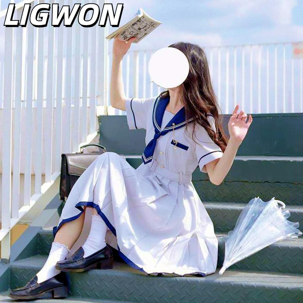 Marinheiro Curto Colegial Um Pregueado Escolar Cultural Fantasia [Ligwon] Uniforme, Mangas, Menina, JK, Uniforme, Peça, Saia, Branco, Azul, Halloween,