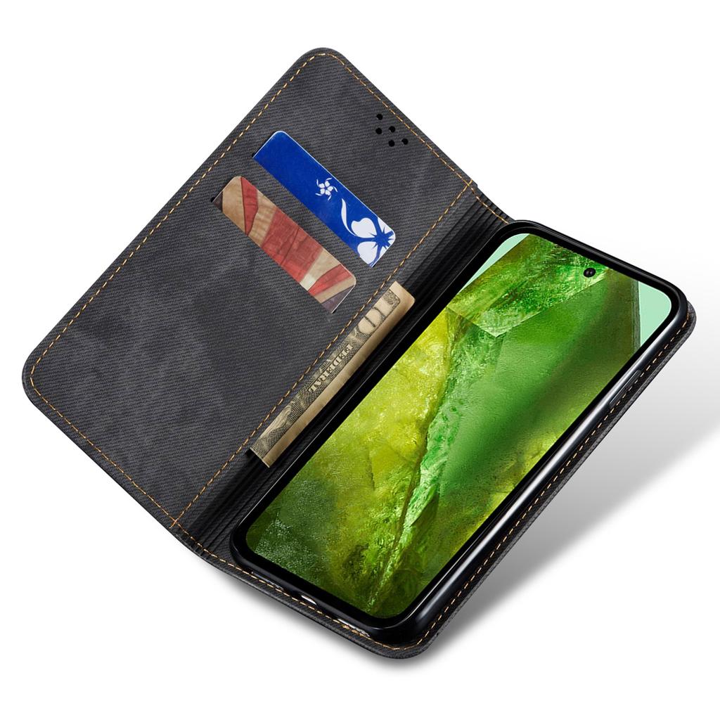 For Google Pixel 8a Case Jeans Cloth Texture Leather Phone Cover with Cash Card Holder