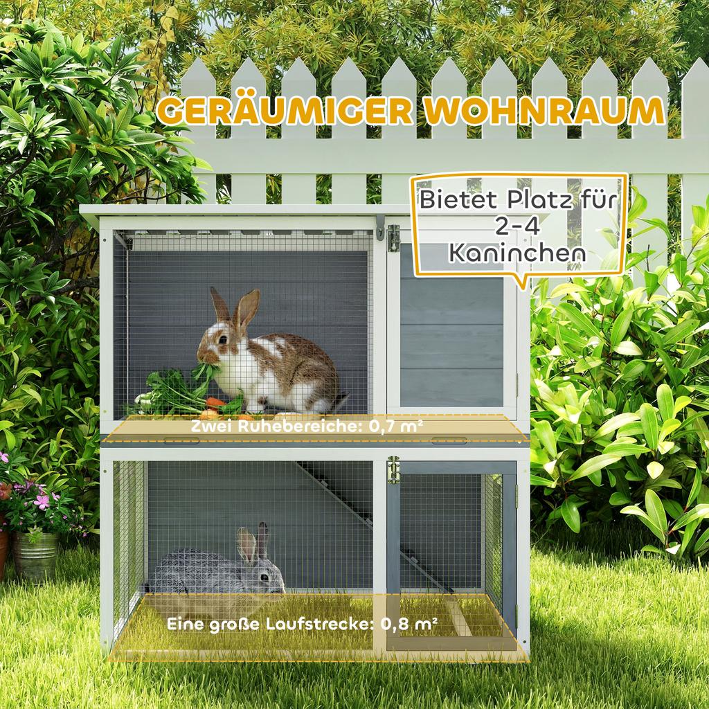 2-Story Wooden Rabbit Hutch with Weatherproof Roof, Ramp, Grey, 98x95x102.5 Cm