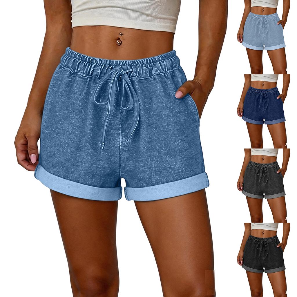Women Casual Loose Fit Denim Shorts with Elastic Waistband Adjustable Drawstring and Rolled Hem for Daily Wear
