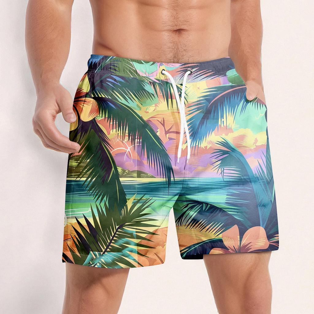 Men's Fashion Hawaiian Print Elastic-Waisted Casual Yoga Pants Beach Shorts