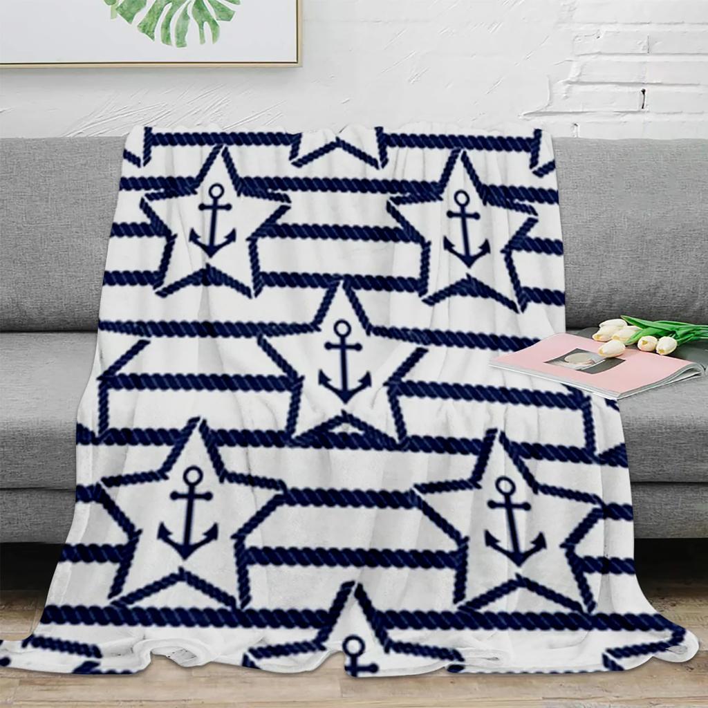 Nautical Blue Anchor Rudder Boat Fish Lighthouse Flannel Blanket Travel Picnic Blanket Portable Soft Bedspread Blankets for Beds