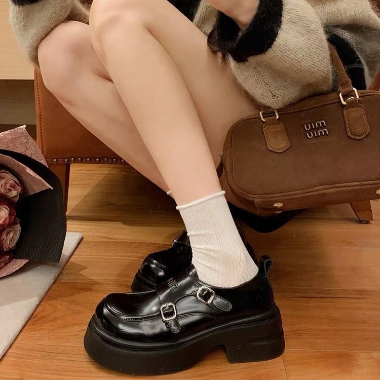 Genuine Leather Amiu's Double Buckle with Round Head British Style JK Small Leather Shoes Platform Thick Heel Loafers Women's Single Shoes Women
