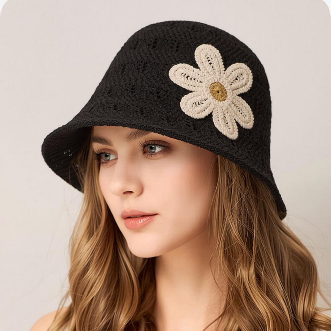 

3D Flower Embroidered Knitted Fisherman Hat for Women, Summer Sunshade and Sun Protection Straw Hat/Basket Hat
