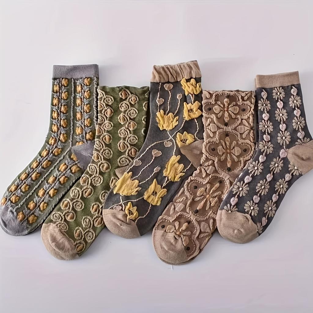 5 Pairs Women's 3D Floral Texture Socks, Elegant Mid-Calf Retro Court Style Full Set