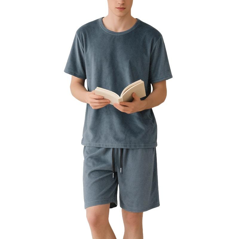 

Новый мужской костюм с шортами и футболкой с коротким рукавом, повседневный спортивный, с круглым вырезом, однотонный, для дома XXXL светло-серый