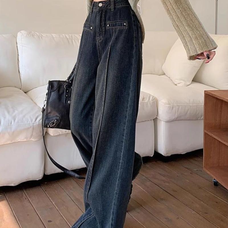 Women's American Retro Denim Jeans for Spring Autumn with Design Sense High Street Loose Slimming High Waist Straight Leg Wide Leg Floor-length Pants
