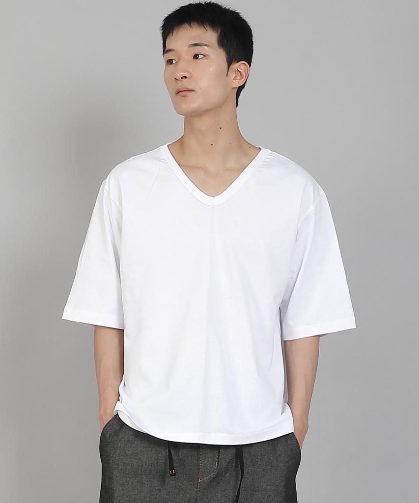 Seinteukeulu Plain V-Neck 16S Cotton Knee-Length Short Sleeve T-Shirt V-8A01 White