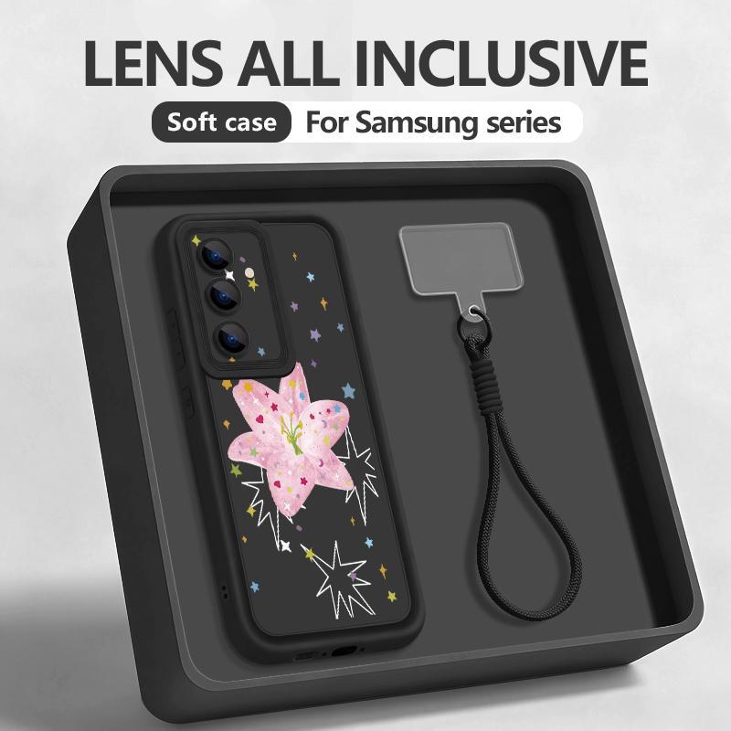Lanyard Phone Case For Samsung Galaxy S26 S25 S24 Ultra S23 S25 FE A57 A37 A17 A56 A36 A16 A55 A54 A15 Pink Flowers Print Cover