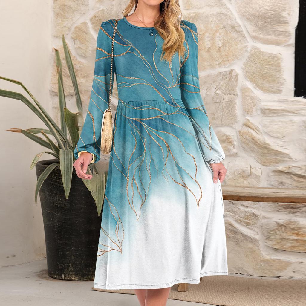 Women's fashionable loose retro printed round-neck dress