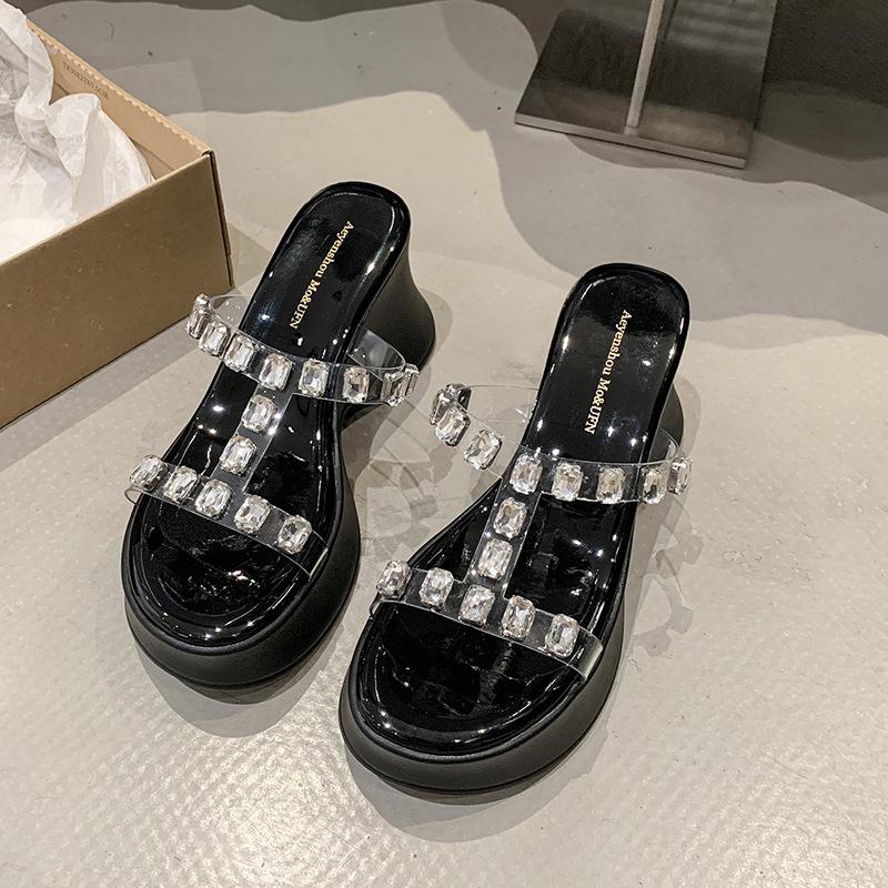 2025 Summer New Fashion Versatile Outer Wear Wedge Heel Thick Bottom Rhinestone Cool Slippers I-shaped Women's Shoes