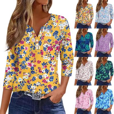 Moda Casual para Mujer Cuello en V Holgado Versátil Estampado Floral Mangas Tres Cuartos
