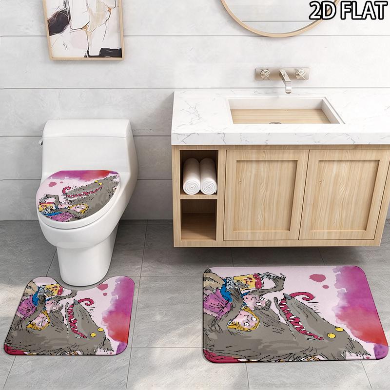 3pcs Revolting Rhymes Pattern Flannel Nonslip Absorbent Washable Decorative Bathroom Home Toilet Seat Cover Mat