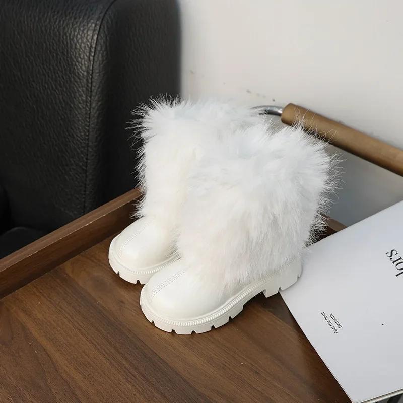 Winter Mädchen Schneestiefel Weich Pelzig Haarig Kinderstiefel Schwarz Weiß Vielseitig Kinder Freizeit Lange Stiefel Warm Plüsch Reißverschluss
