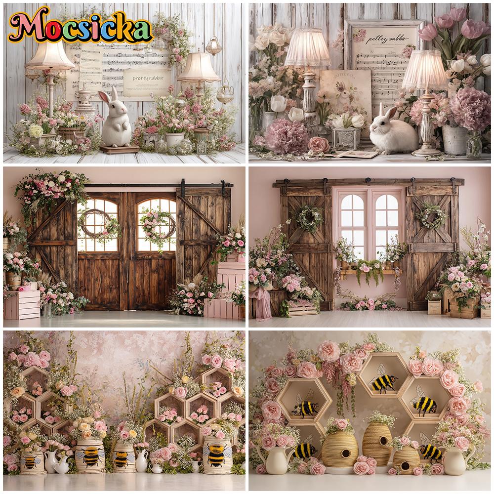 Mocsicka Easter Photography Backdrop Pink Flower Rose Bee Rabbit Wooden Door Decorations Baby Birthday Party Festival Background