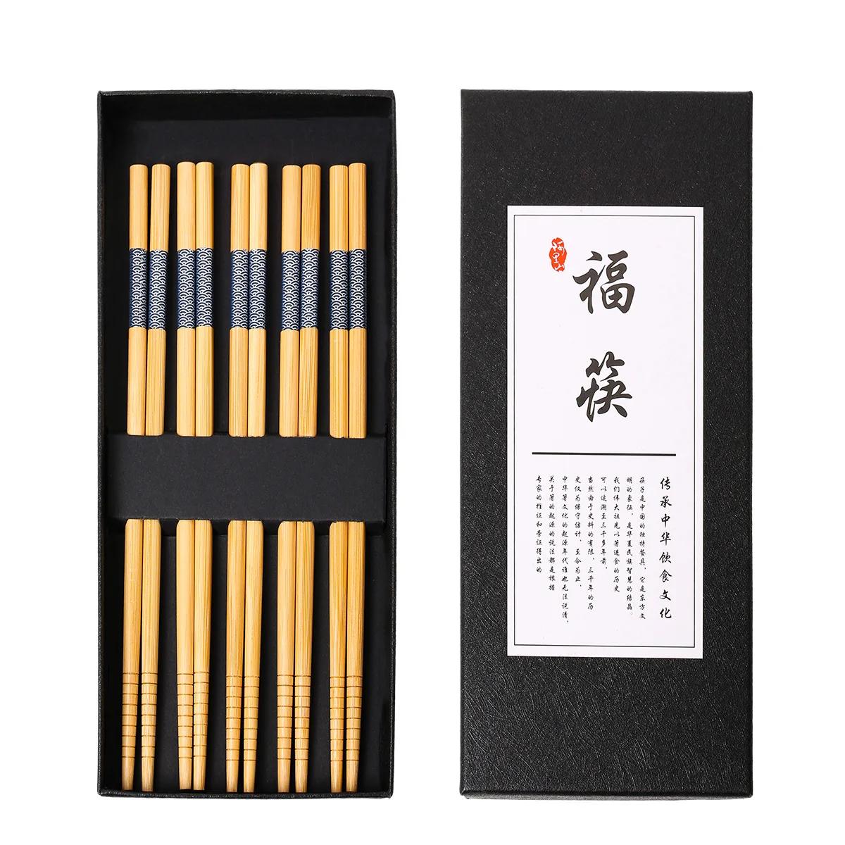 

П ять пар бамбукових паличок для їжі в японському стилі. Довгі побутові палички для їжі, що не ковзають. Набір посуду. Різнокольоровий набір посуду.