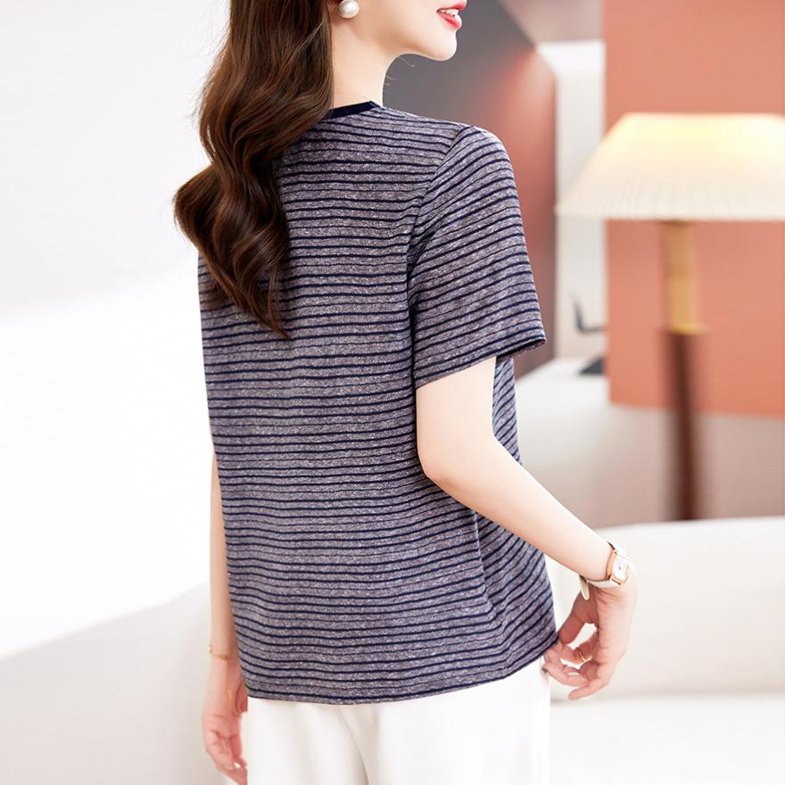 New Fashion Casual Short Sleeve Silk Top Feminine Temperament Skinny Design Striped Mulberry Silk T-Shirt