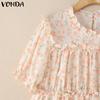 VONDA Women Elegant Puff Sleeve Floral Print Ruffled Casual Blouse