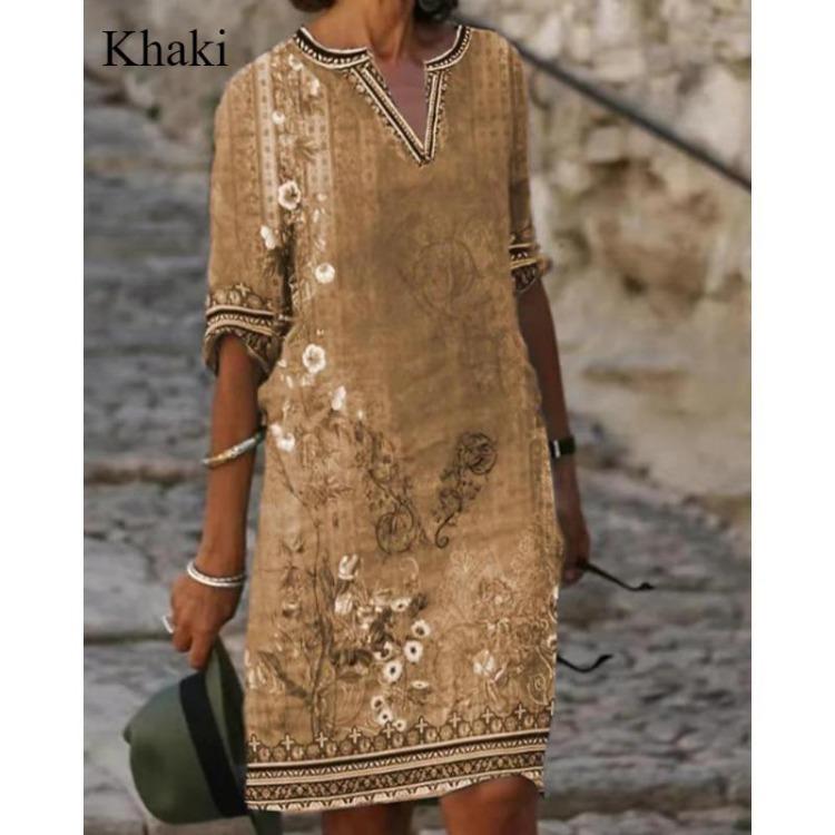 Vintage Print Women Summer Casual V-neck A-line Beach Dress Slim MIDI Loose Top Five-sleeve Artsy Temperament Skirt