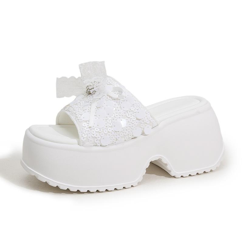 

Platform slippers women s 2025 summer new sequins one-and-a-half-word high heels wear versatile small height-increasing shoes 39 белый