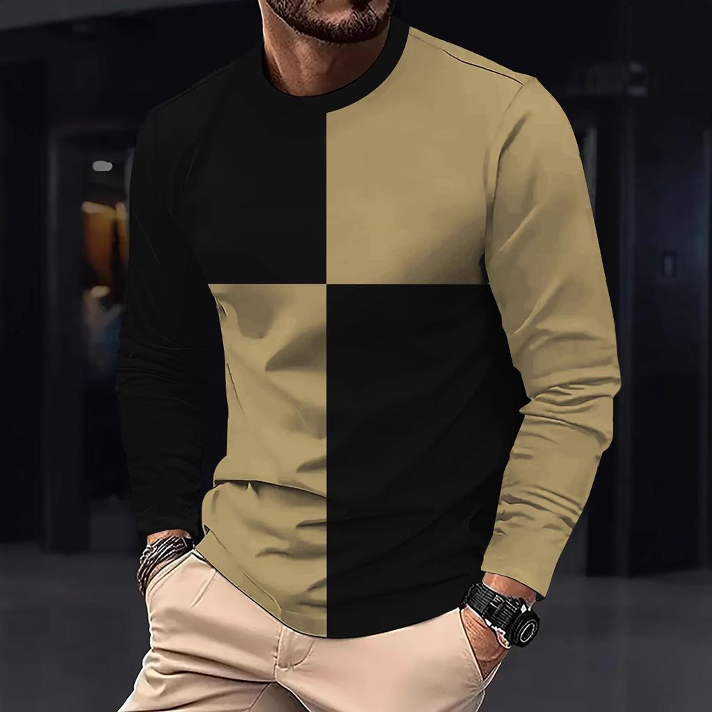 Men's Checkerboard Splicing Long Sleeved Trendy Round Neck T-shirt