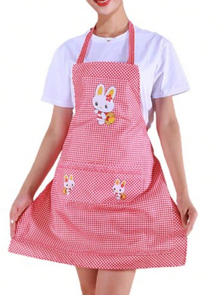 Checkered Bunny Apron - Brown Cartoon Pattern Kitchen Apron, Lightweight Breathable Sweat-Absorbent  Suitable for Baking BBQ Cleaning Housework