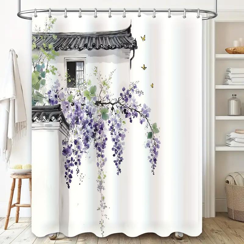 

Elegant Purple Blossom Decorative Waterproof Curtains With Traditional Chinese Architecture Design Waterproof Durable W60H190(CM)-1 Pcs