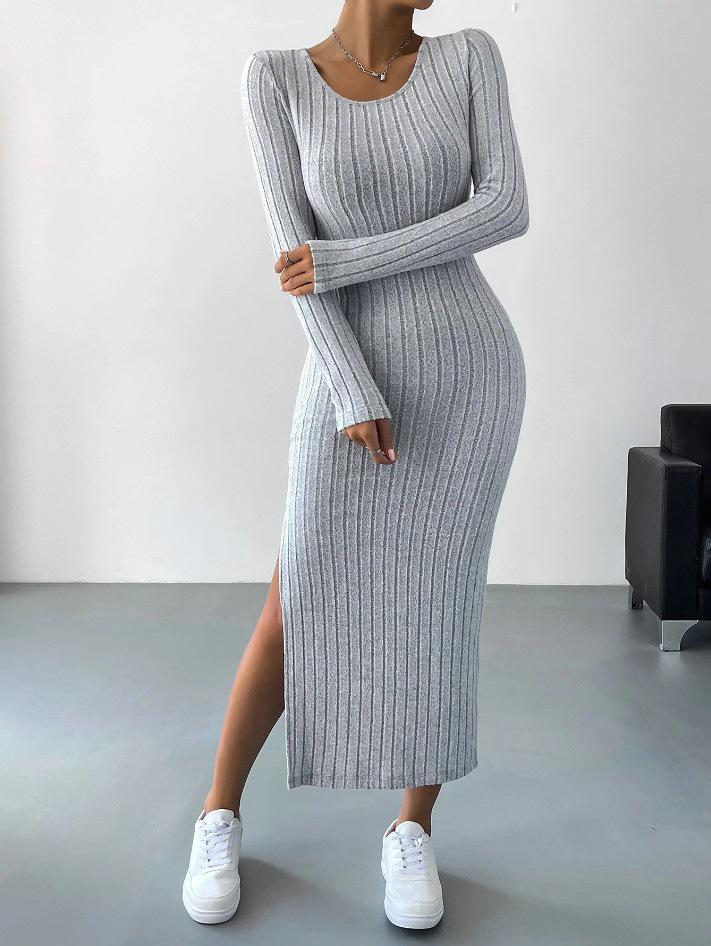 2025 Spring/Autumn Women s Long Sleeve Round Neck Slit Knit Dress Large светло-серый