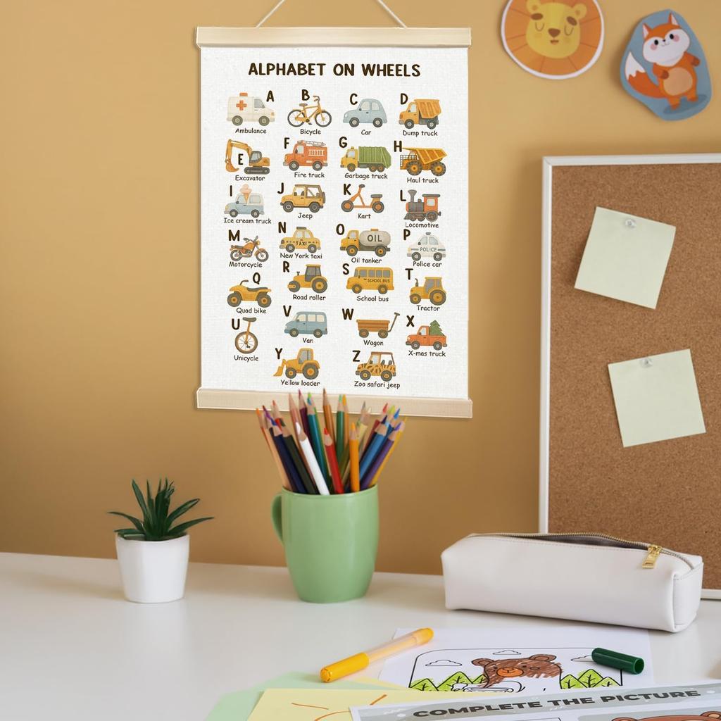 Voxitura Car Alphabet Poster Hanger Frame, Nursery Traffic Wall Decor Art Canvas for Playroom Kids Toddler Boy Room Classroom, Cute ABC Prints for