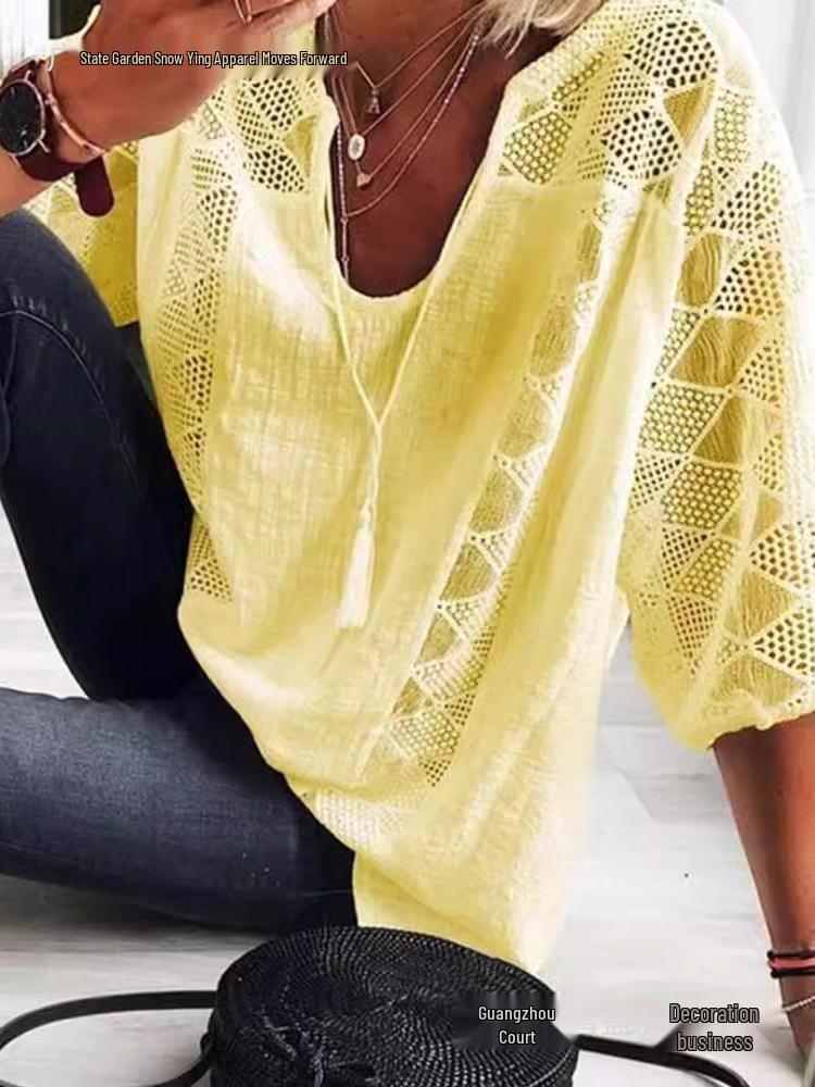 European & American Style Lace Hollow U-neck 3/4 Sleeve Women's T-shirt