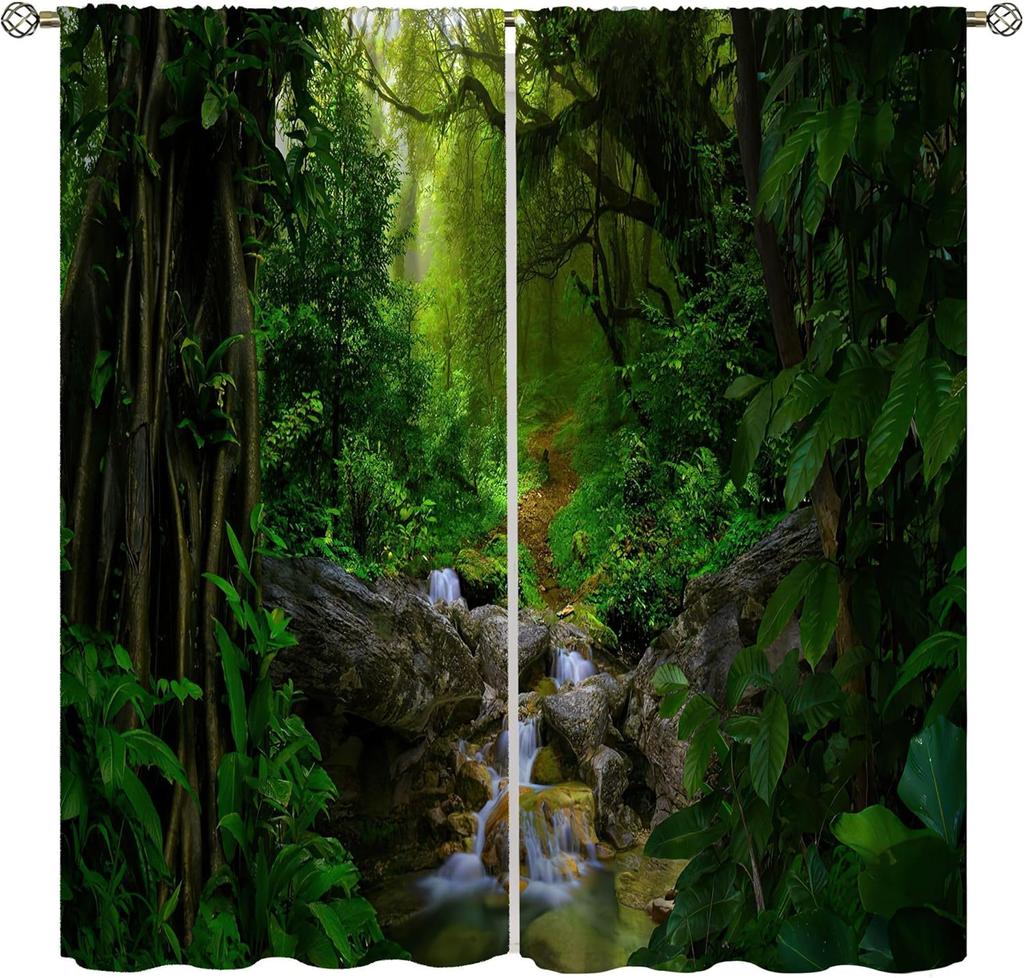 Waterfall Curtains Spring Nature Theme Landscape Pattern Forest Thermal Bedroom Living Room Panel Set Blackout Made Of Polyester Area Decor