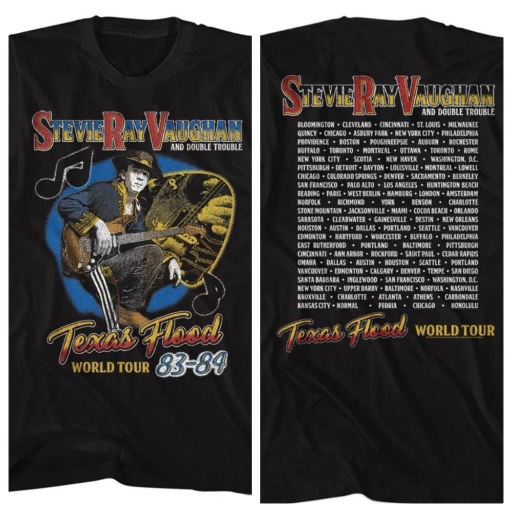 

STEVIE RAY VAUGHAN T-Shirt Music Mens 83-84 TEXAS FLOOD WORLD TOUR Famp;B New Black Unisex T-Shirt S