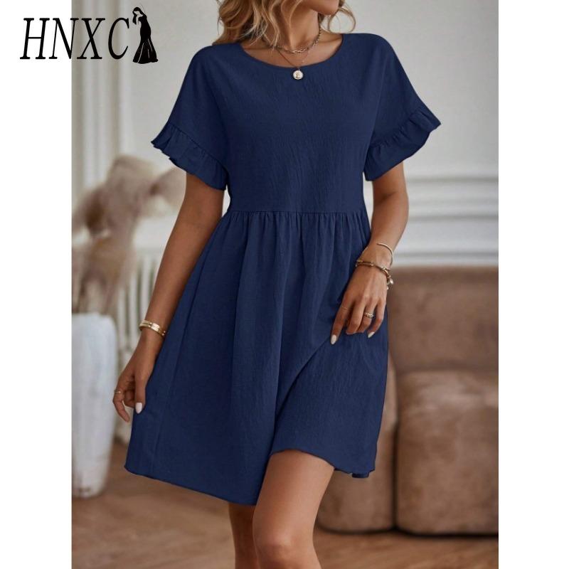 HNXC Vestidos casuales de cintura alta con cuello redondo y estampado de colores sólidos para mujer, moda de verano y primavera