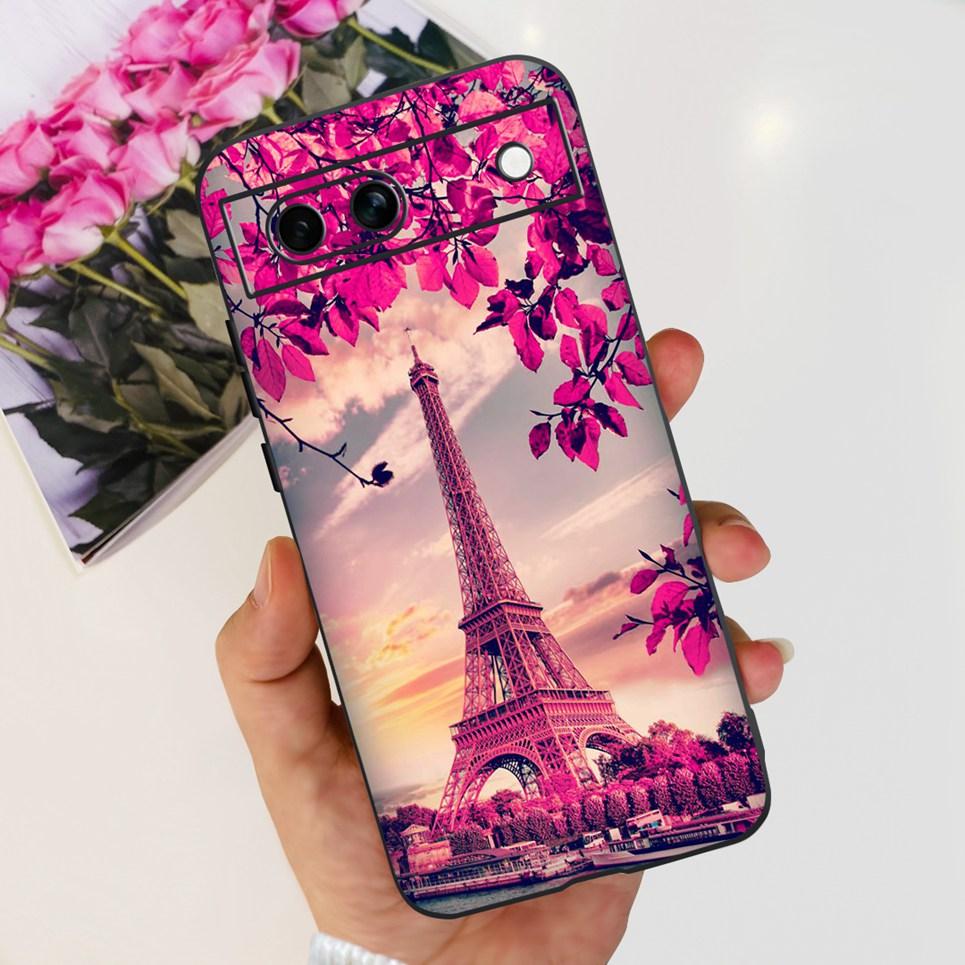 Black Matte Silicone Back Cover For Google Pixel 8A Painting Case Cartoon Lovely Cat Butterfly Flower Bumper Google 8A Soft Etui