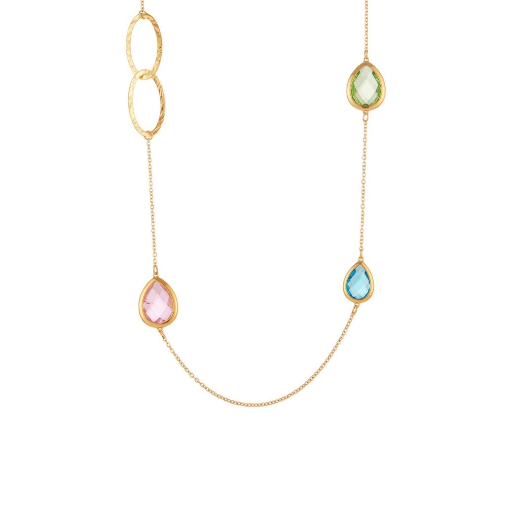 European & American Water Drop Glass Stone Long Sweater Necklace with Hollow Round Ring in Non-Fading Titanium Steel