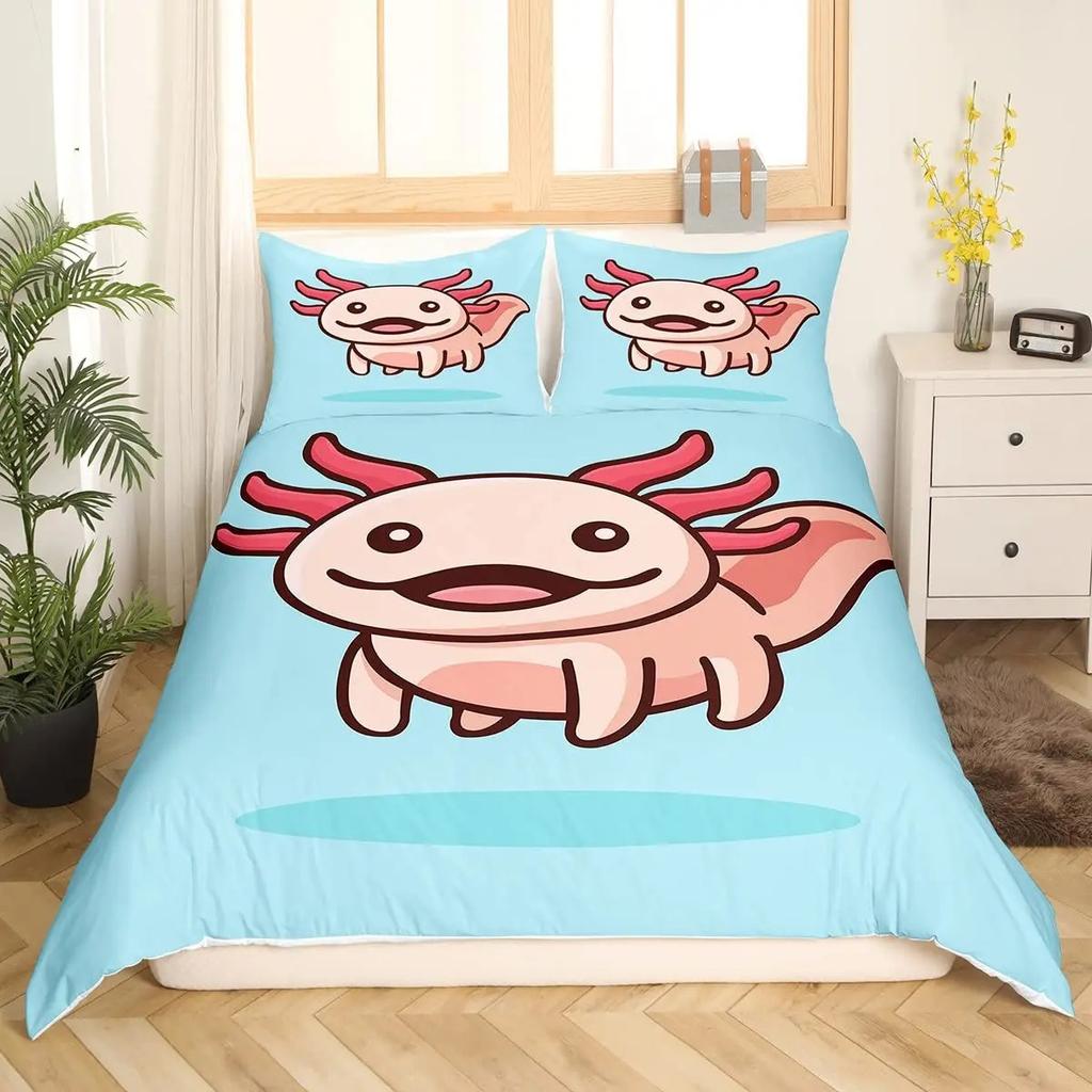 Cartoon Axolotl Cute Sea Animal Reptile Bedding Set Boys Girls Twin Queen Size Duvet Cover Pillowcase Bed Kids Adult