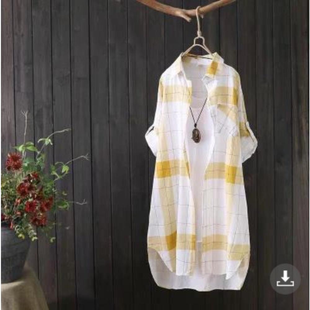Women's Point Collar Long Sleeve Plaid Blouse Loose Fit Casual Cotton Tunic Shirt Outerwear