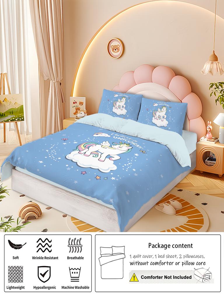 3pcs Cartoon Unicorn Pattern Print Duvet Cover Set, Soft, Comfortable and Breathable, for Bedroom, Hotel, Best Gift for Girls