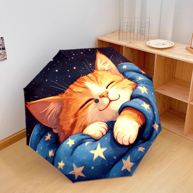 1 PC Automatic Folding Umbrella - Sleepy Kitten Pattern, Portable & Foldable Design with 8 Ribs, Christmas Birthday Gifts