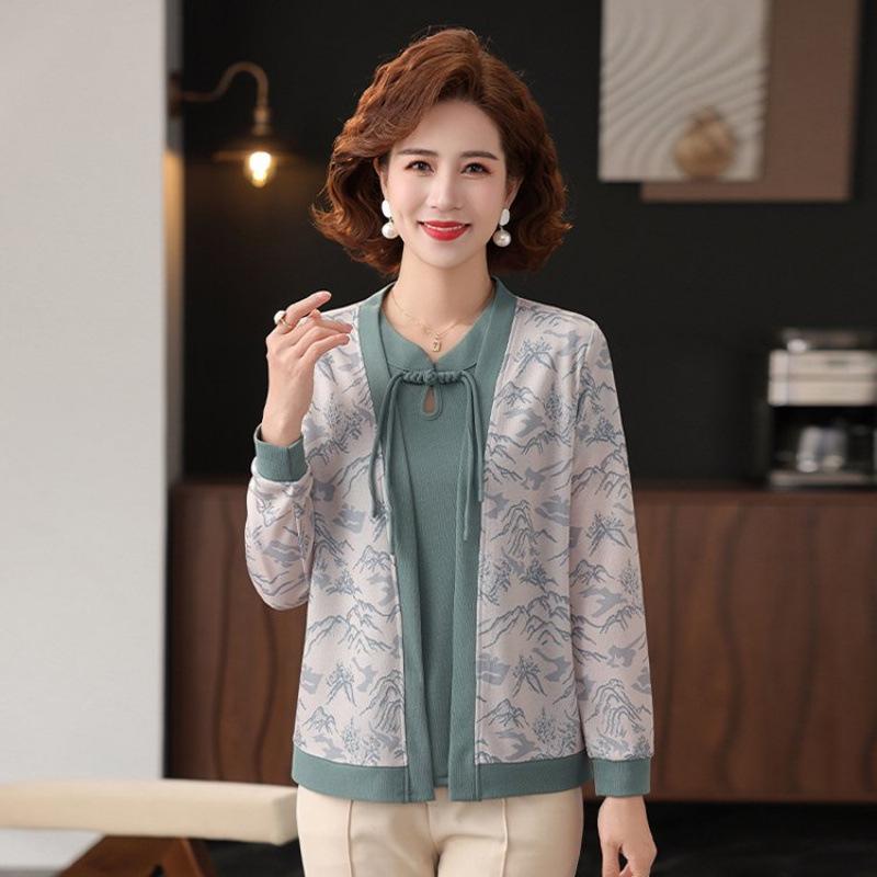 Elegant Spring Knit Two-Piece Set: Women's Chinese Style Long-Sleeve Cardigan for 40s and Up