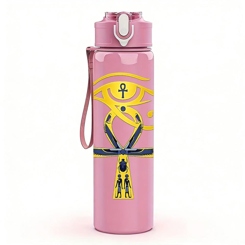 1PC Egyptian Golden Ankh Symbol Print 750ml Color Plastic Sports Water Bottle Leakproof Flip Straw Lid Suitable for Sports Office Home Use
